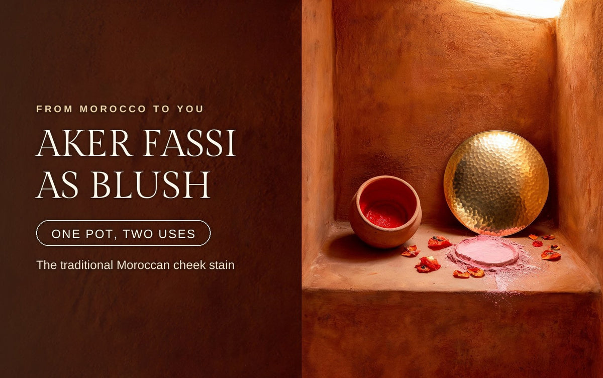 Terracotta aker fassi pot beside a hammered brass hand mirror and a blended rose pigment swatch on clay