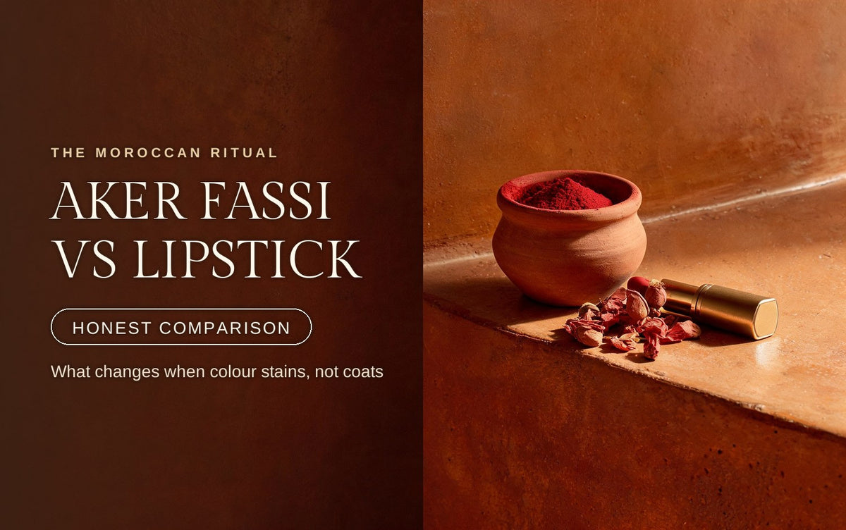 Terracotta aker fassi pot beside a classic lipstick bullet on a warm clay surface in golden light