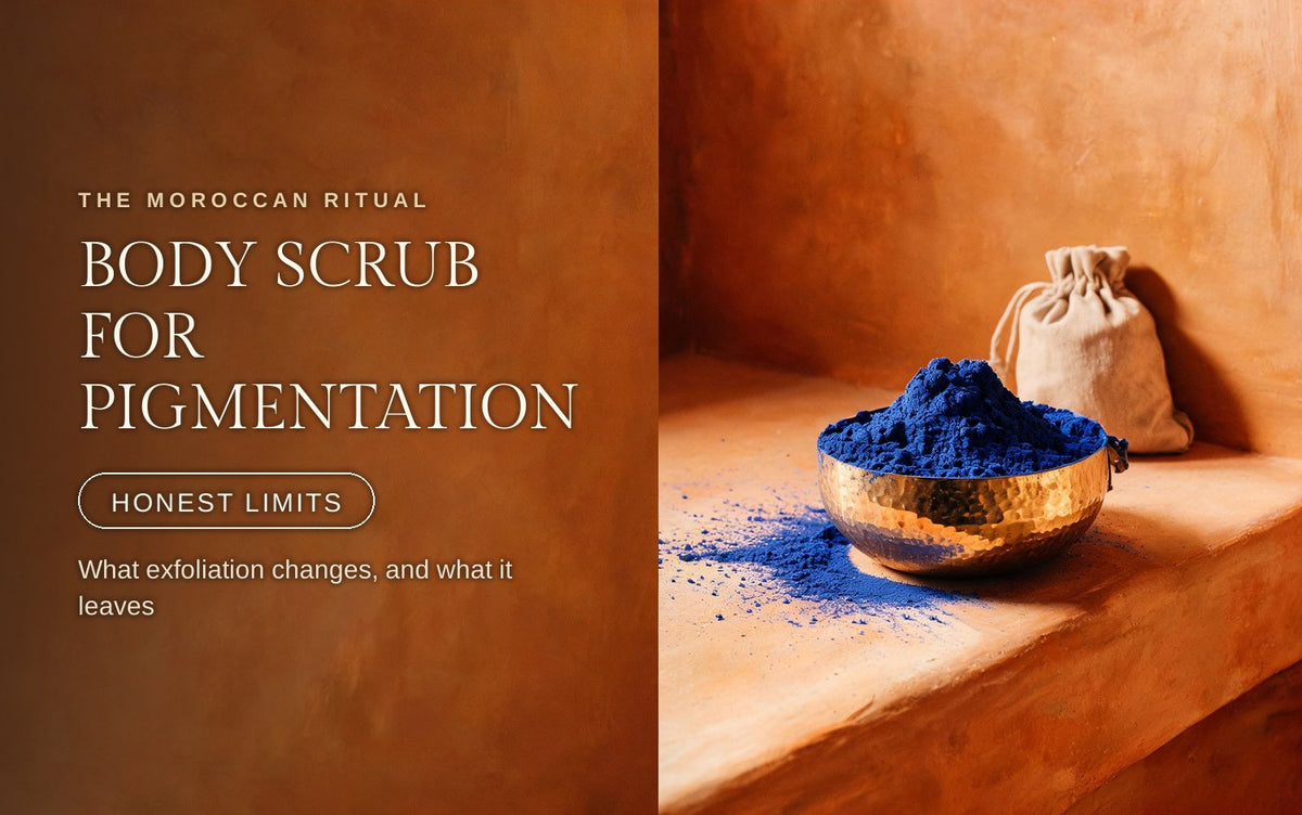 A hammered brass bowl heaped with vivid ultramarine nila powder on a warm clay ledge, loose pigment dusted across the surface beside it and a small linen drawstring pouch resting behind, deep amber tadelakt walls falling into shadow