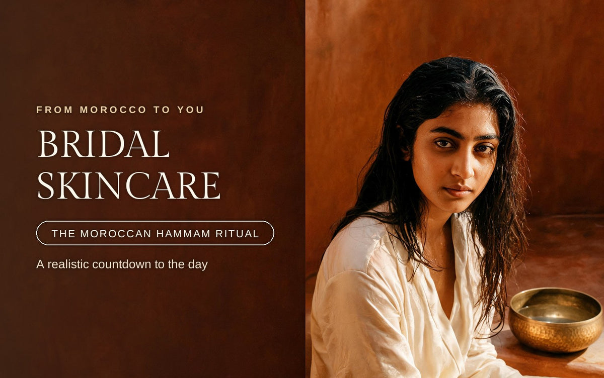 Young Indian woman in a cream silk robe seated beside a brass bowl in a warm Moroccan hammam, damp skin in golden light