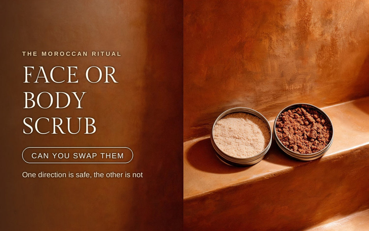 Two open metal tins side by side on a warm clay ledge in raking golden light, the left one filled with fine pale sandy scrub and the right with coarse dark reddish granules, deep amber tadelakt wall behind