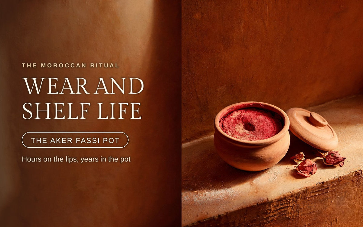 Open terracotta aker fassi pot showing a worn pigment surface beside its lid on a dry clay ledge