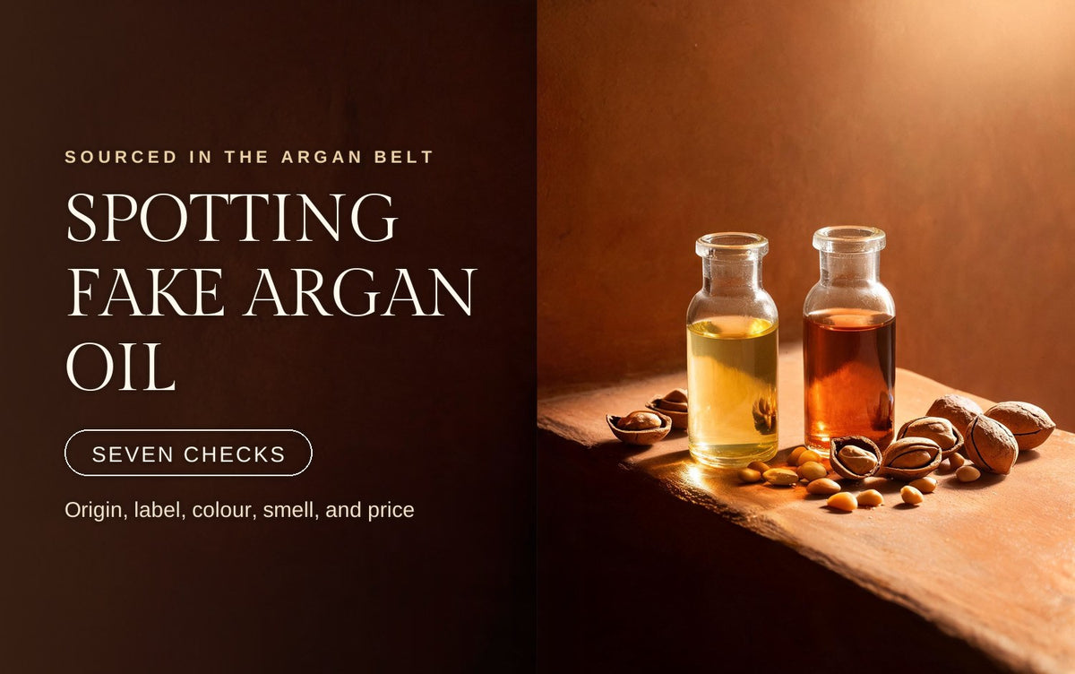 Two glass vials of argan oil side by side on warm clay, one pale gold and one deep amber, argan shells scattered