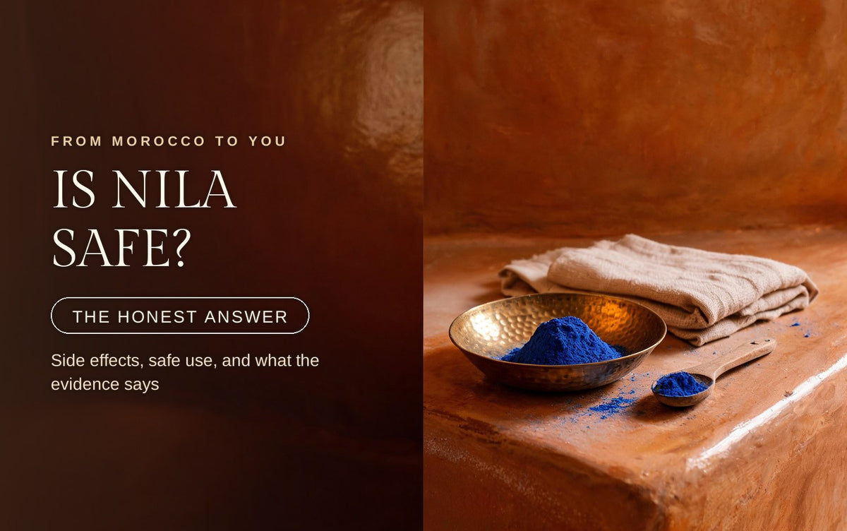 Moroccan nila powder in a brass dish beside a linen cloth in warm hammam light